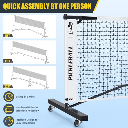 Fostoy Portable Pickleball Net Set with Wheels, 22FT & Half Court 11FT - 3in1 Black & White
