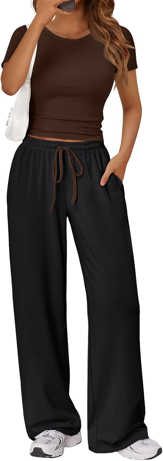 Trendy Queen 2 Piece Summer Lounge Set - Ruching Top & Wide Leg Pants with Pockets