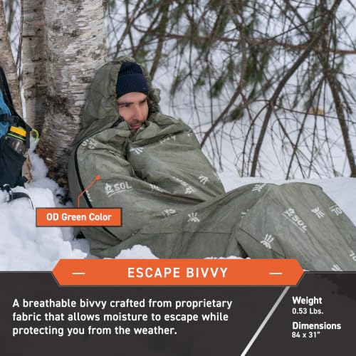 SOL Escape Bivvy with Hood 60 gsm Emergency Survival Blanket Reflects 70% Body Heat Water Resistant Green