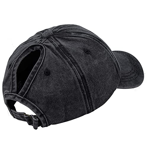 Medium Black Ponytail Baseball Cap Distressed Retro Washed for Women