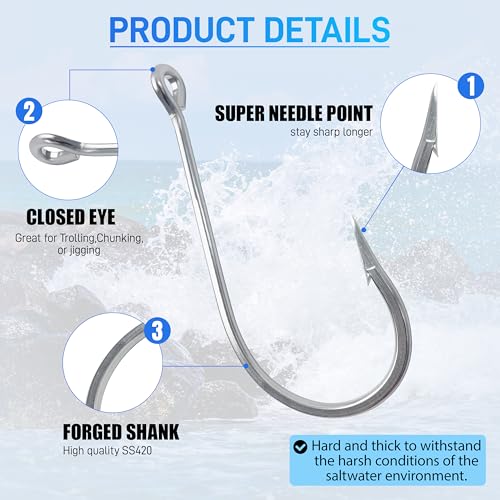 Giant Saltwater Fishing Hooks 10/0 Stainless Steel Big Game Hooks Set for Shark Alligator Gator Hunting