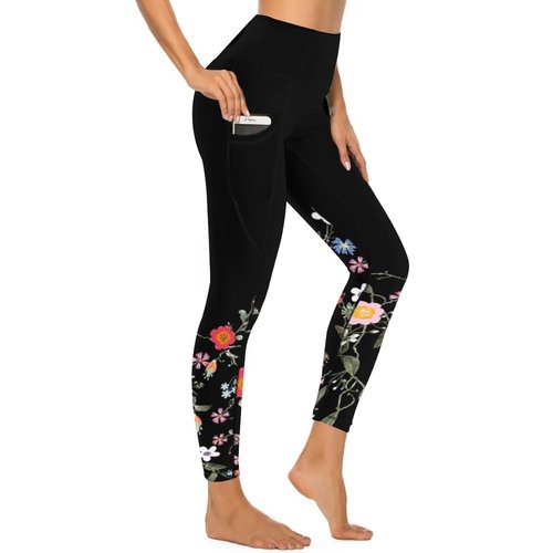 Women's Workout Leggings with Pockets High Waisted Tummy Control No See Through Stretch Activewear Running Yoga Pants, Black Flower M