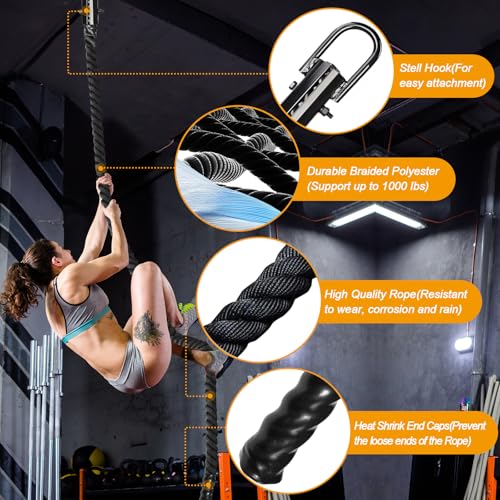 15Ft Heavy Duty Climbing Rope Gym Workout - Black, 1.5 Inch Diameter