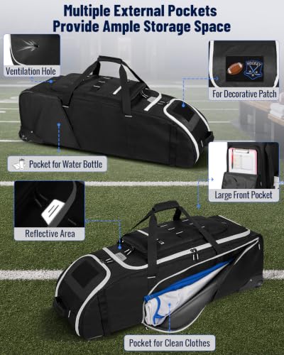 CURMIO Rolling Football Bag with Helmet Compartment & Wet Pocket - Sports Gear Storage