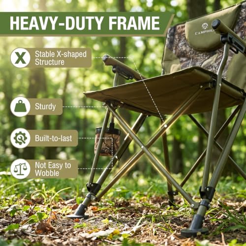 CAMPHILL Camo Heavy Duty Folding Camping Chair with Armrests & Headrest, Supports 450 lbs