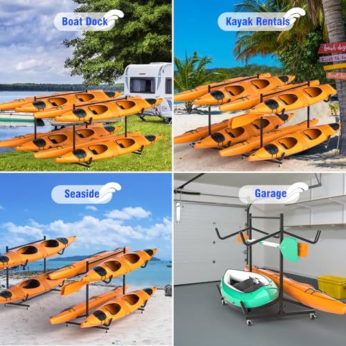 LLDDHHWW 4-Kayak Freestanding Storage Rack with Wheels, Adjustable Steel Canoe & Paddle Organizer