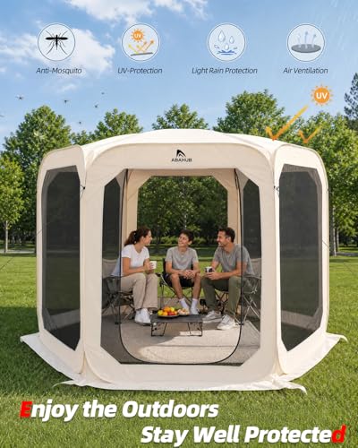 Abahub Pop Up Screen House Tent 9.8x9.8x6.7 FT Beige Quick Setup Camping Shelter