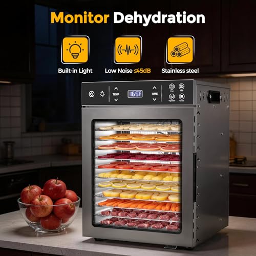 Suteck Silver Food Dehydrator 12 Trays with 4 Presets, Stainless Steel Kitchen Appliance