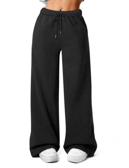 FACDIBY Fleece Lined Sweatpants for Women Wide Leg High Waisted Sweat Pants Baggy Drawstring Sherpa Straight Leg Lounge Pants Black M