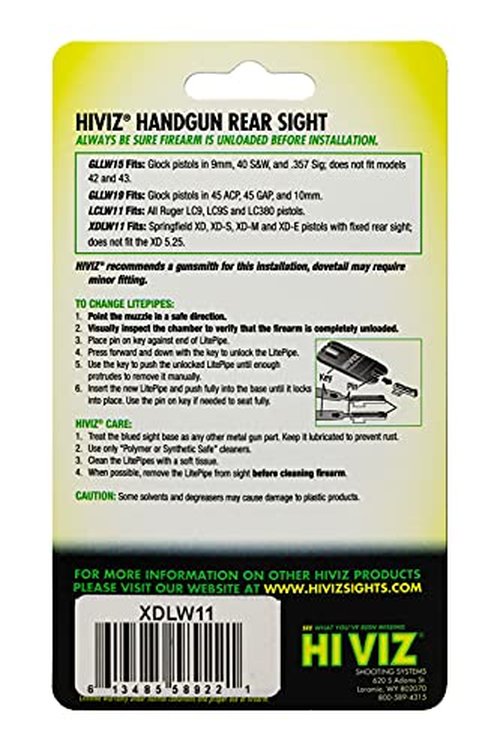 HIVIZ XDLW11 Interchangeable LITEWAVE Rear Handgun Sight for Springfield Armory XD