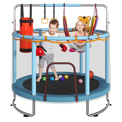 Blue 60-Inch Kids Trampoline with Safety Net & Adjustable Gymnastics Bar - Upgraded Anti-Rust Frame, Supports 440lbs, Indoor/Outdoor