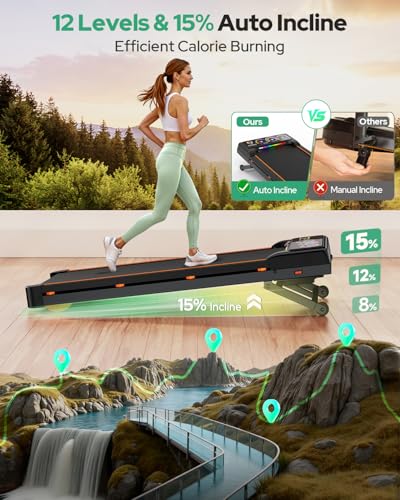 Rayspace Black Folding Under Desk Treadmill with 15% Auto Incline, Bluetooth Speakers & Remote, 450 lbs Capacity