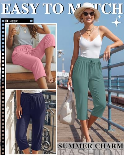 Neer Women's Capri Pants with Pockets - 4 Pack, Dark Blue, Gray Green, Pink, Gray, Large