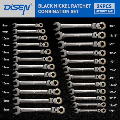 DISEN 24pcs Ratcheting Wrench Set 90 Tooth Flex-Head, 24mm & Inch Sizes
