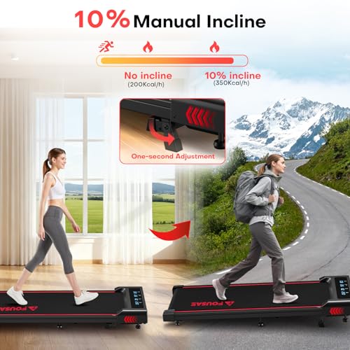 FOUSAE Black Red Walking Pad Treadmill with Incline 6.2MPH, LED Display, 2.75HP, Remote