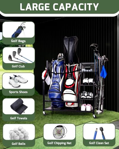 Logicexplore 2 Golf Bag Storage Organizer Rack with Rolling Wheels - Heavy-Duty Metal Garage Golf Gear Holder