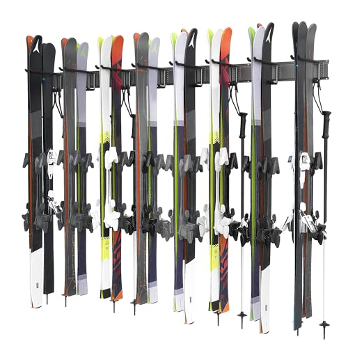 Ultrawall Wall-Mounted Ski Rack with 8 Adjustable Hooks, Holds 16 Pairs of Skis
