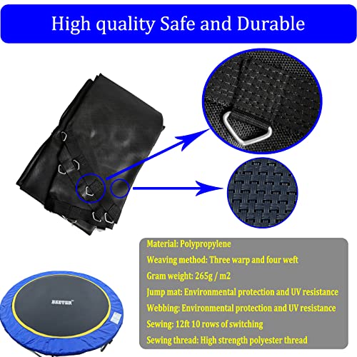 Bzzter 12ft Trampoline Replacement Mat with 10 Rows Stitching & 72 Rings, Fits 12ft Frame, 7-inch Springs, Includes Pull Hook & Gloves
