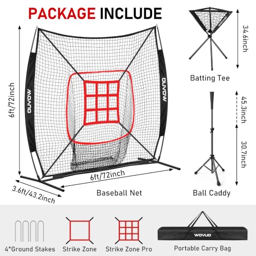 WOVUO Black 6x6 ft Baseball & Softball Hitting & Pitching Net with Strike Zone & Tee