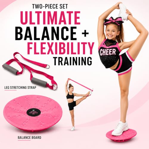 Pink Cheer Flyer Balance Board & Leg Stretching Strap Set for Flexibility & Stability