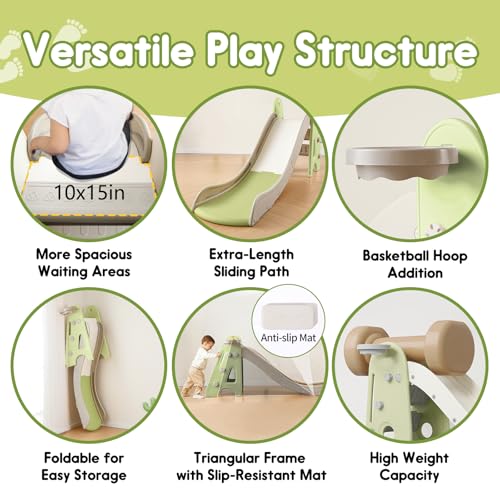 HAPPYMATY Green 3-in-1 Toddler Slide Set with Basketball Hoop & Balls