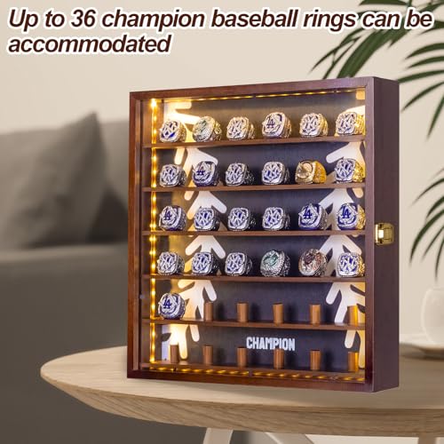 Wooden Championship Ring Display Case with LED Lights, Wall Mount, Holds 36 Rings
