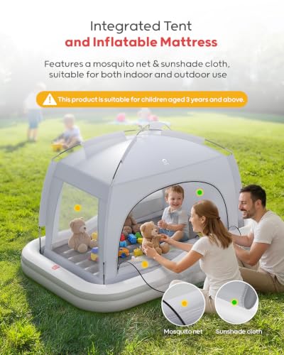 QPAU Inflatable Kids Air Mattress with Tent & Fast Electric Pump - Grey, Ages 3+