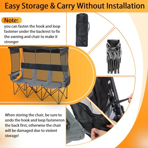 Teenyyou 3 Person Camping Chair with Canopy - Heavy Duty 990lbs Support, Black Gray