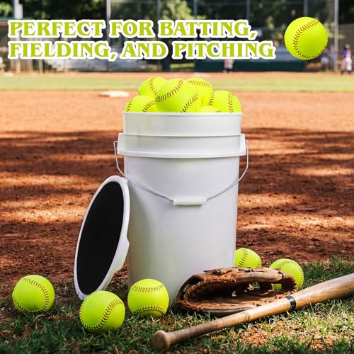 12-Inch Practice Softballs Set with Bucket - Yellow Leather Cover, Fastpitch & Slowpitch, 24 Balls