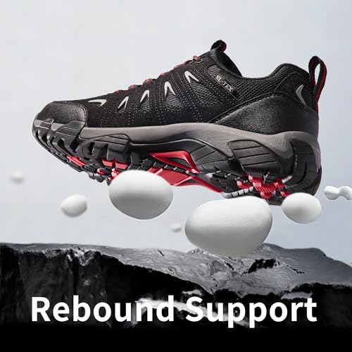 SHULOOK Men's Waterproof Hiking Shoes - Lightweight Low Top Trail Shoes Black/Red 13