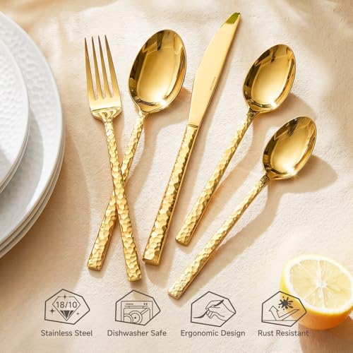 Gold 40-Piece Flatware Set for 8 - Hammered Stainless Steel Cutlery by KINGSTONE