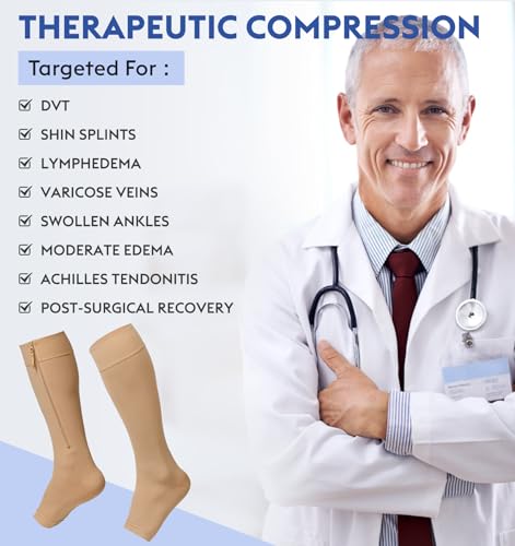 Unisex Compression Socks with Zipper - Open Toe, Medium / Beige, 20-30 mmHg