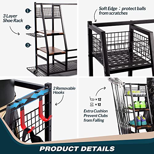 2pcs Golf Bag Storage Rack with Wooden Shelf & Lockable Wheels - Fits 2/3 Golf Bags & Accessories