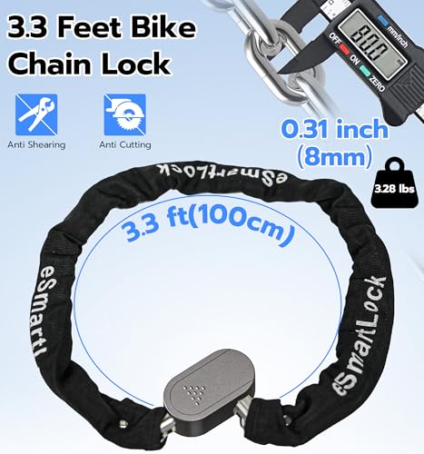 Heavy Duty Fingerprint Bike Chain Lock with App Control - 3.3FT Waterproof Bicycle Security Lock