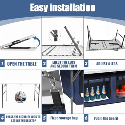 4ft Foldable Camping Table with Adjustable Height & Storage Organizer