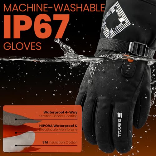 SURGOAL Leather Heated Gloves for Men, 158°F Heating & 8H Battery Life, 7.4V Rechargeable Heated Gloves for Women, Waterproof & Touchscreen Ideal for Winter, Hunting, Motorcycle (PU-Black, L)