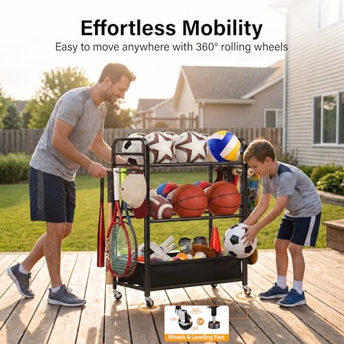 Large Black Ball Storage Rack with Wheels for Garage & Sports Equipment