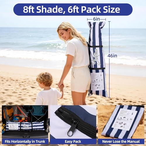 Jihfmo 8x8 Ft Large Beach Cabana Tent with UPF 50+ UV Protection, Blue Stripes, Fits 6-8 People