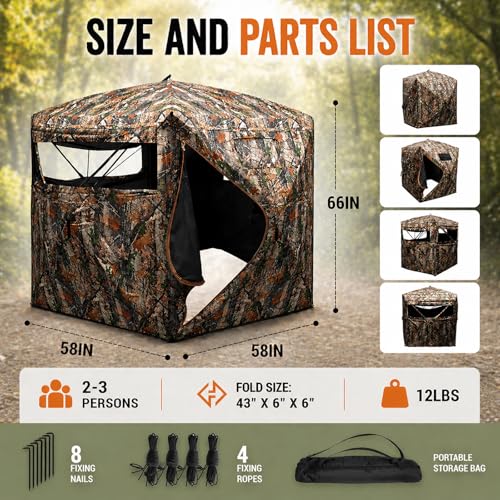 FUNHORUN 2-3 Person 360° See Through Ground Hunting Blind Pop Up Camouflage Shelter