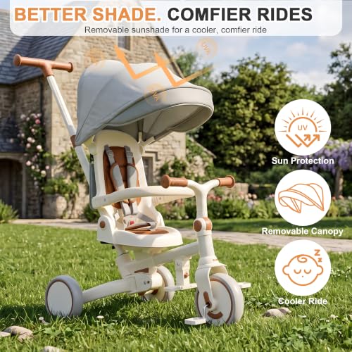 AOPEC 7-in-1 Foldable Toddler Tricycle Beige, Growth-Oriented Kids Bike 18 Months to 5 Years