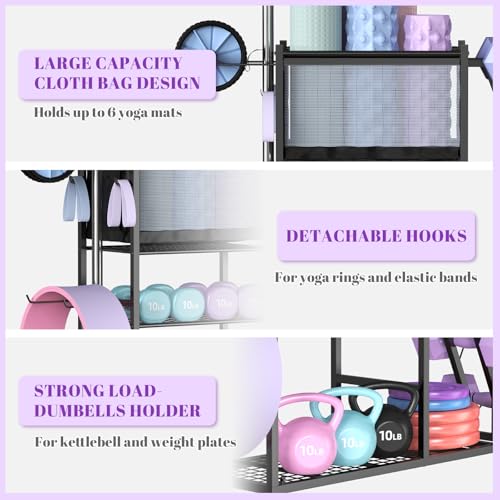Dumbbell Rack with Yoga Mat Holder & Wheels - Home Gym Storage Organizer