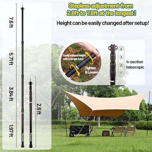 Adjustable Heavy Duty Tarp Poles 7.6FT - Aluminum Tent Poles for Camping & Outdoor Shelter - 4 Pack