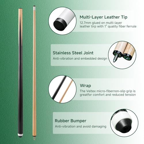 58-Inch Pool Cue Set 2 Pieces 20 Oz Heavy Duty Billiard Cues - Portable & Durable