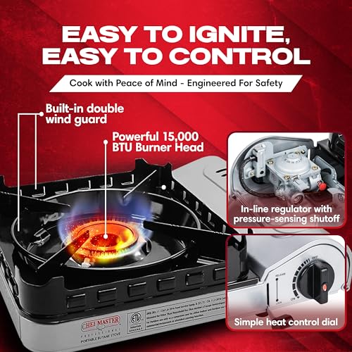 Chef Master Portable Butane Camping Stove - Backpacking Burner, 15,000 BTU, Stove Only