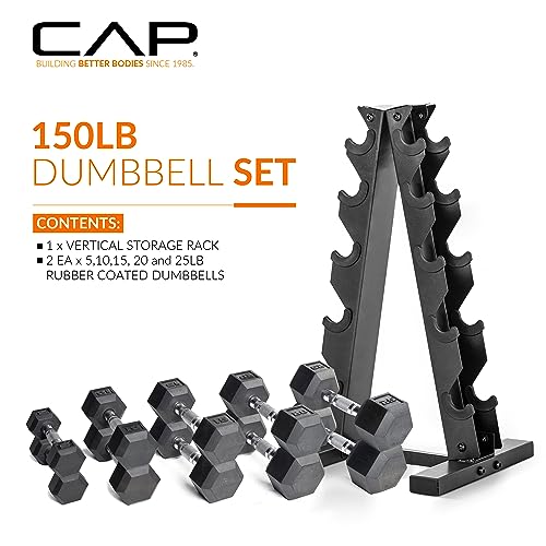 CAP 150 LB Chrome Handle Red Rack Coated Hex Dumbbell Set with Vertical Rack