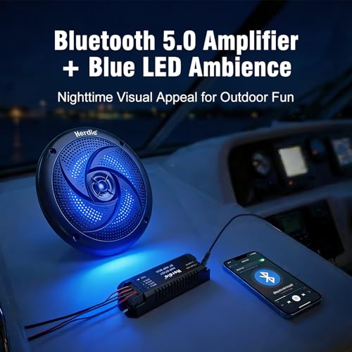 Bluetooth Marine Speakers 6.5 Inch Low Profile Waterproof with LED Lights - Black