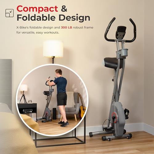 Sunny Health & Fitness Foldable Magnetic X-Bike Grey - Compact Upright Exercise Bike