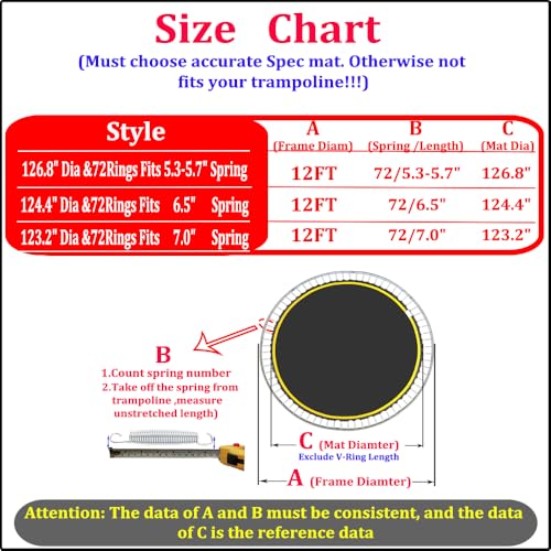 Bzzter 12ft Trampoline Replacement Mat with 10 Rows Stitching & 72 Rings, Fits 12ft Frame, 7-inch Springs, Includes Pull Hook & Gloves