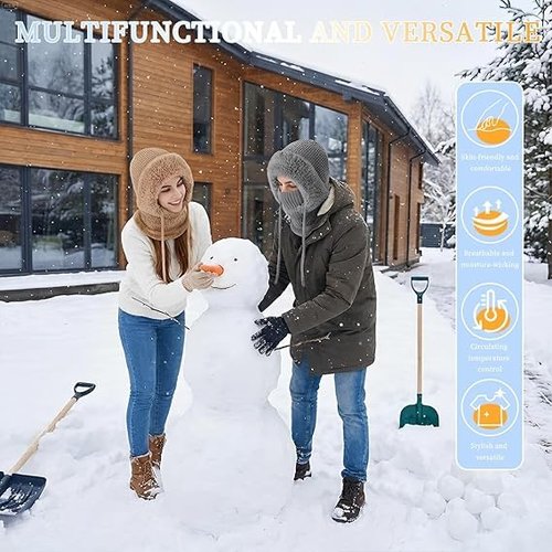 3 in 1 Winter Beanie Hat for Women, Knitted Hat with Scarf and Face Mask, Warm Ski Beanie Set for Cold Weather Outdoor (Grey)