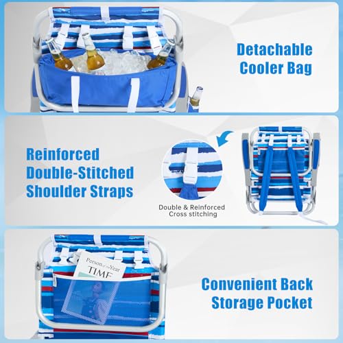 Blue Stripes 2-Pack Sunnyfeel Low Beach Chairs with Cooler & Cup Holder, 5-Position Reclining, Portable Folding Camping Chairs Support 350 lbs